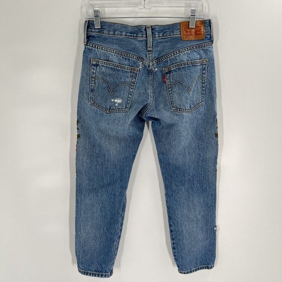 Levis 501 Jeans Embroidred Rose Distressed Sz 25 Straight Tapered - Picture 6 of 8